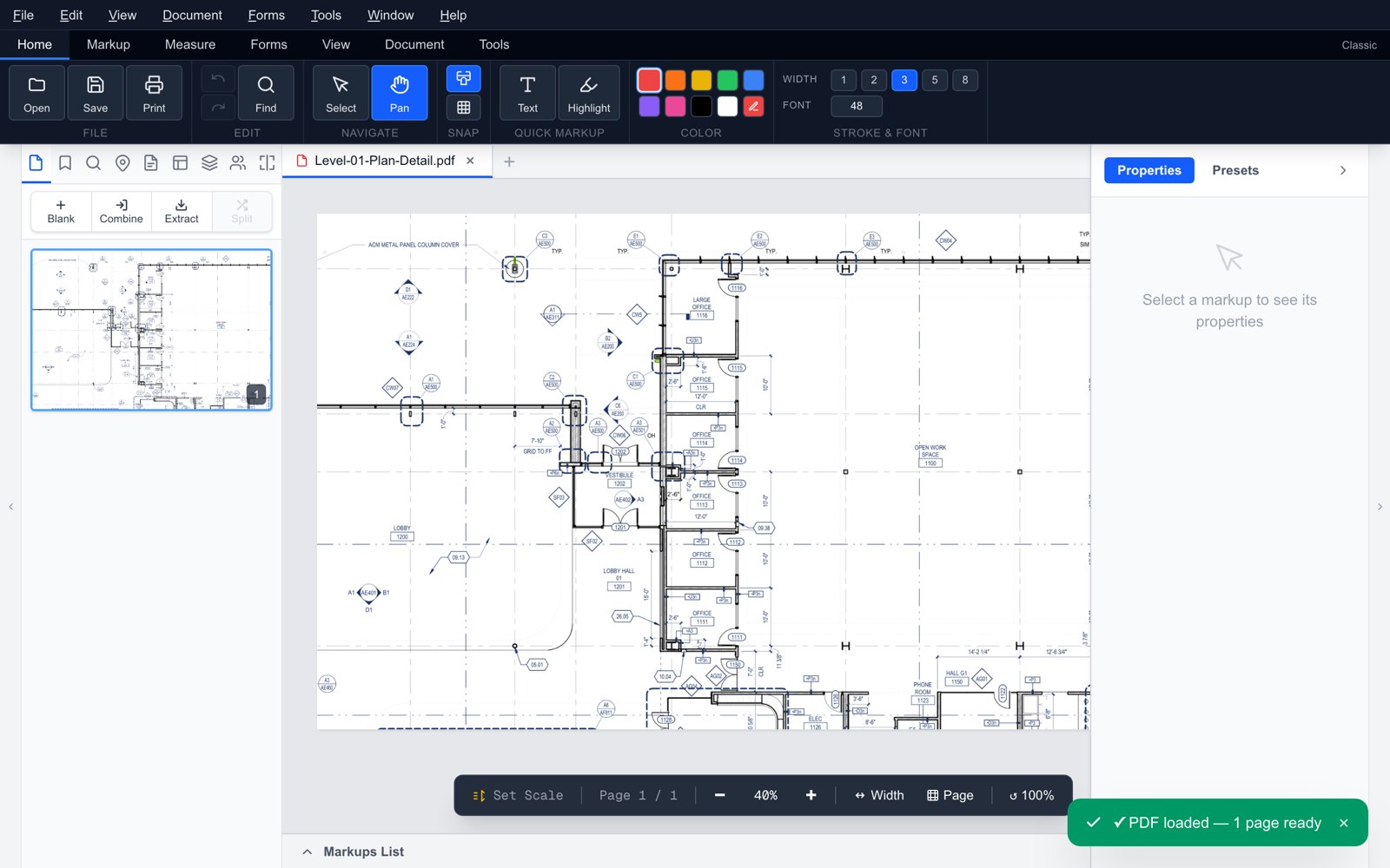 Marque Pro for Windows — a floor plan open with the full toolbar, page thumbnails, and the properties panel